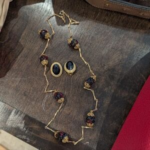 Vintage Goldtone Beaded Station Necklace And Matching Clip On Earrings